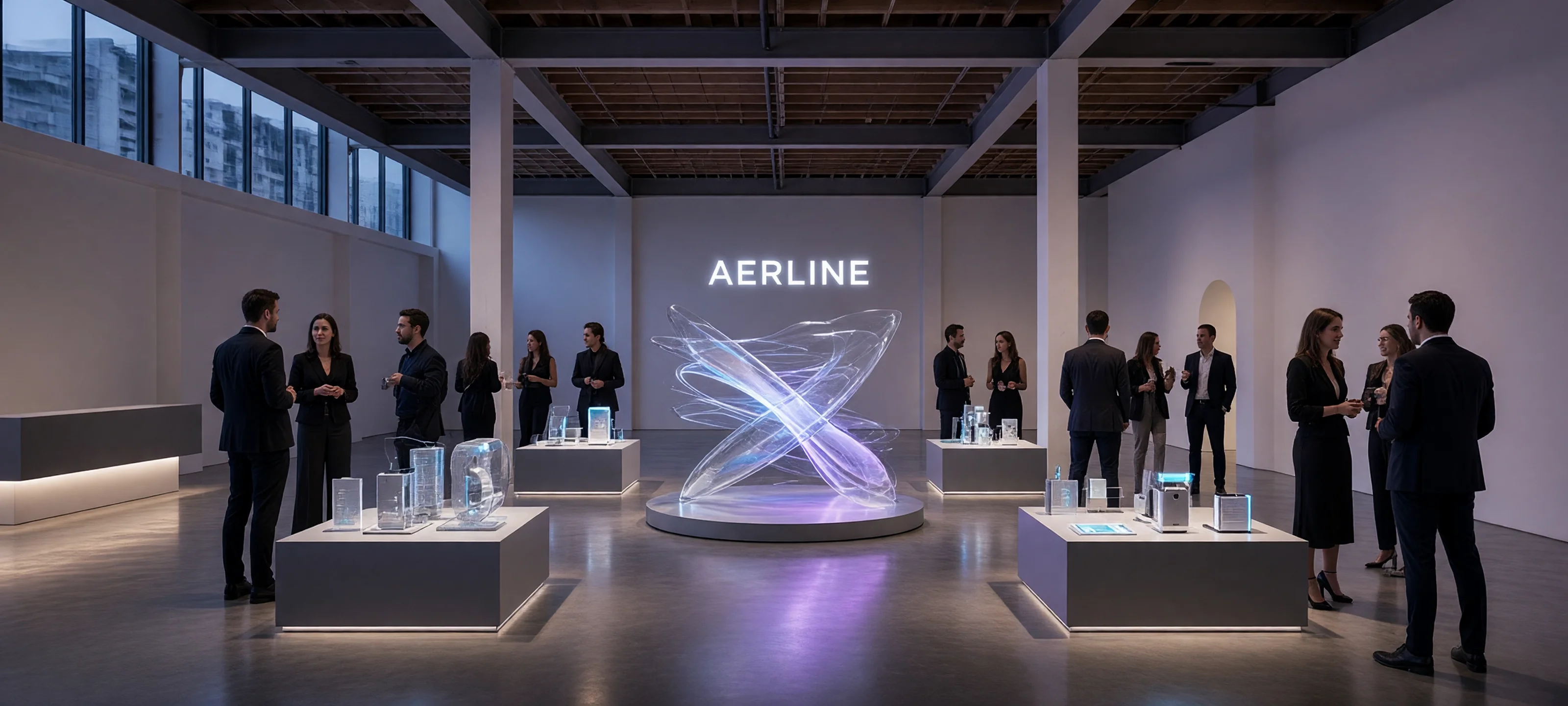 Same gallery transformed into the fictional Aerline product launch while preserving its architecture and camera