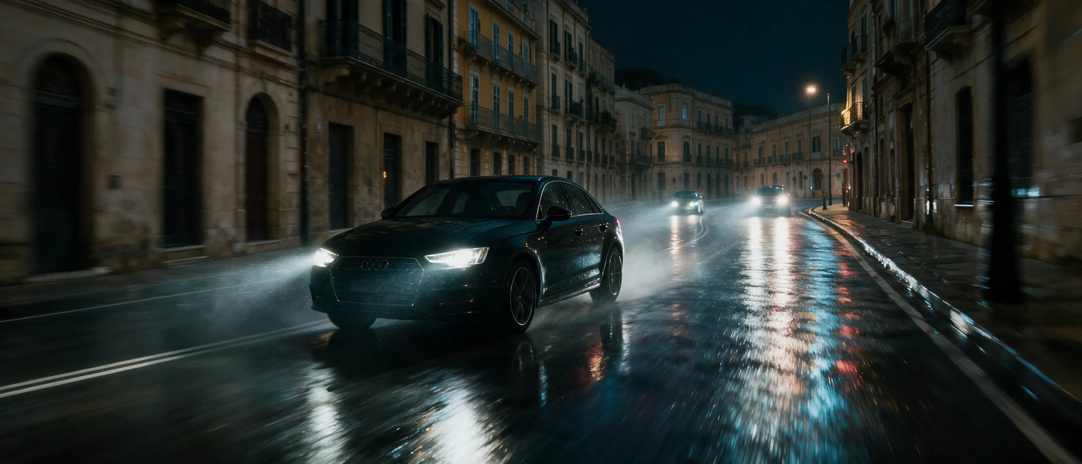 Seedream 5 transformation of an annotated daylight street into a cinematic rainy car chase
