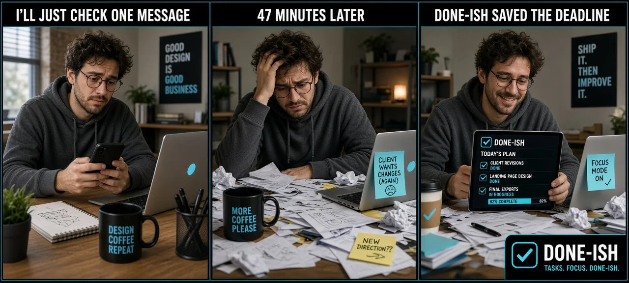 Three-panel social visual for the fictional Done-ish productivity app