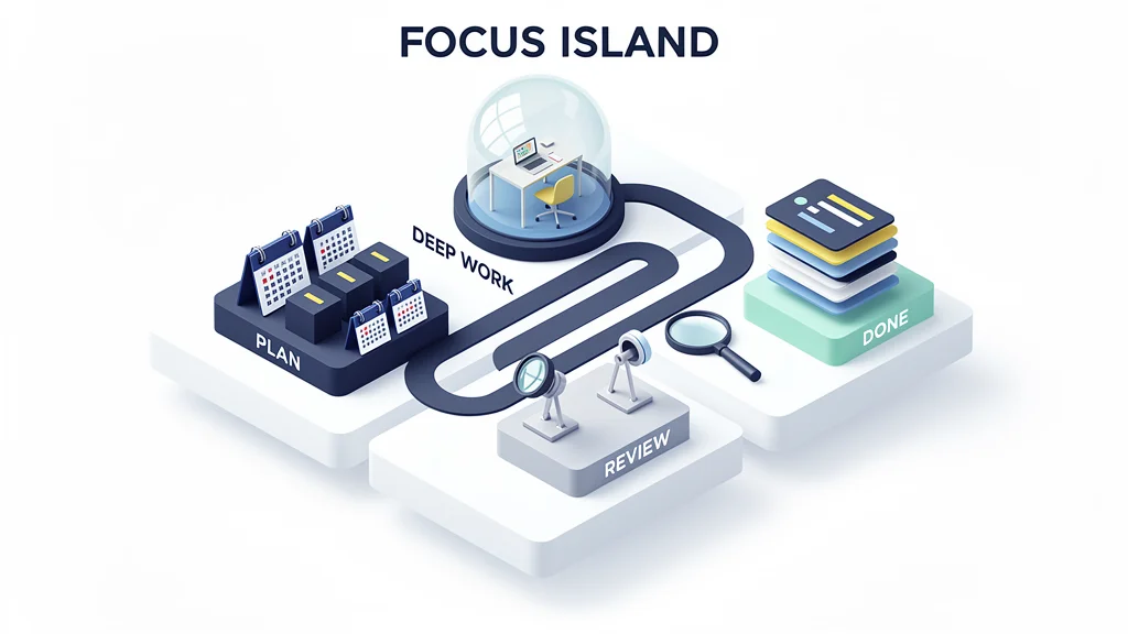 FOCUS ISLAND isometric productivity explainer generated with FLUX 2 Pro