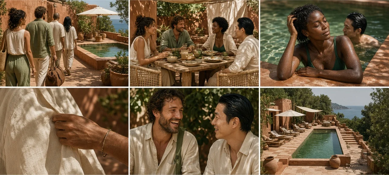 Grok Imagine Image 2.0 photorealistic resort editorial campaign with fictional friends