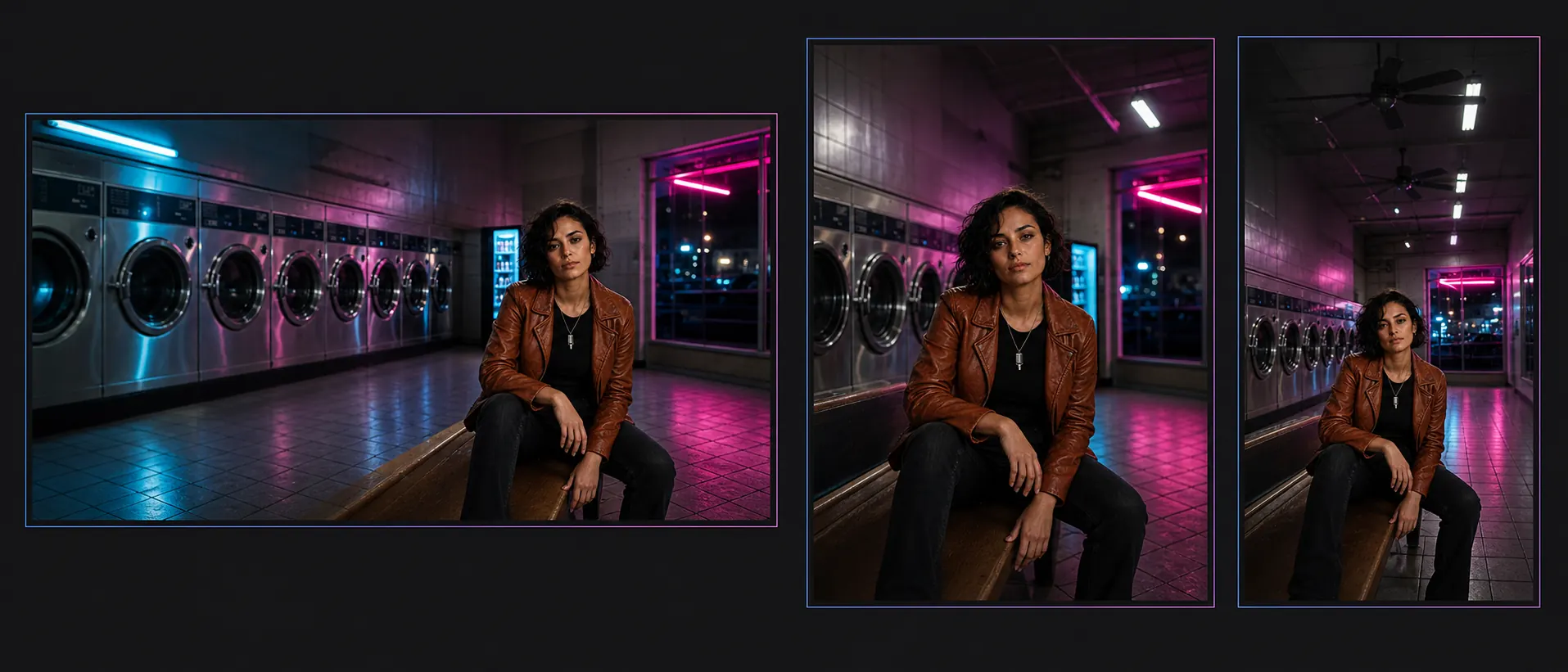 One production board showing the same fictional singer adapted to 21:9, 4:5, and 9:16 formats