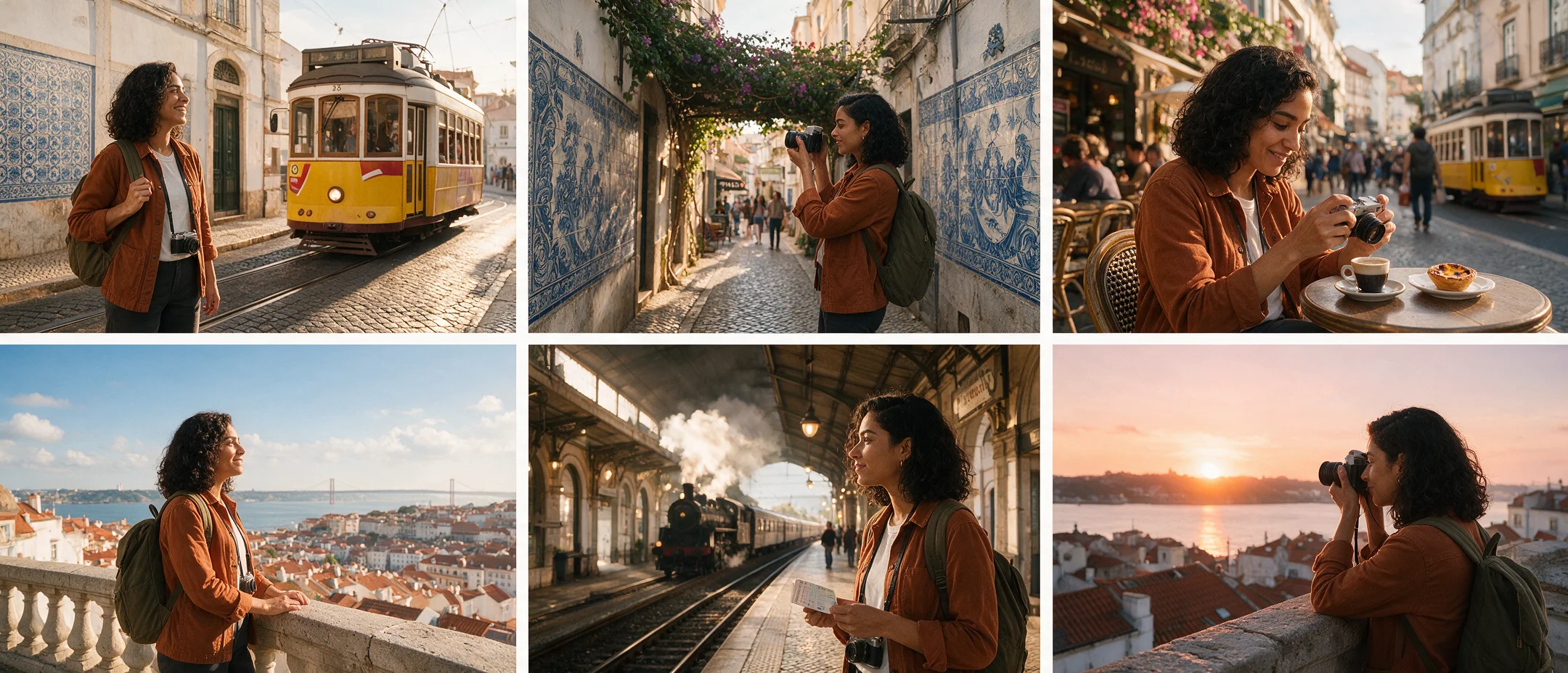 Seedream 5 six-frame Lisbon storyboard with one consistent fictional traveler