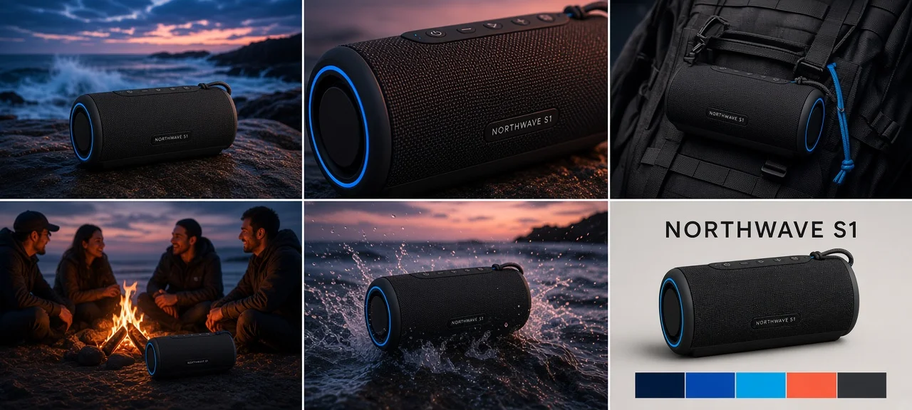 Six-image outdoor launch campaign for the fictional Northwave S1 portable speaker