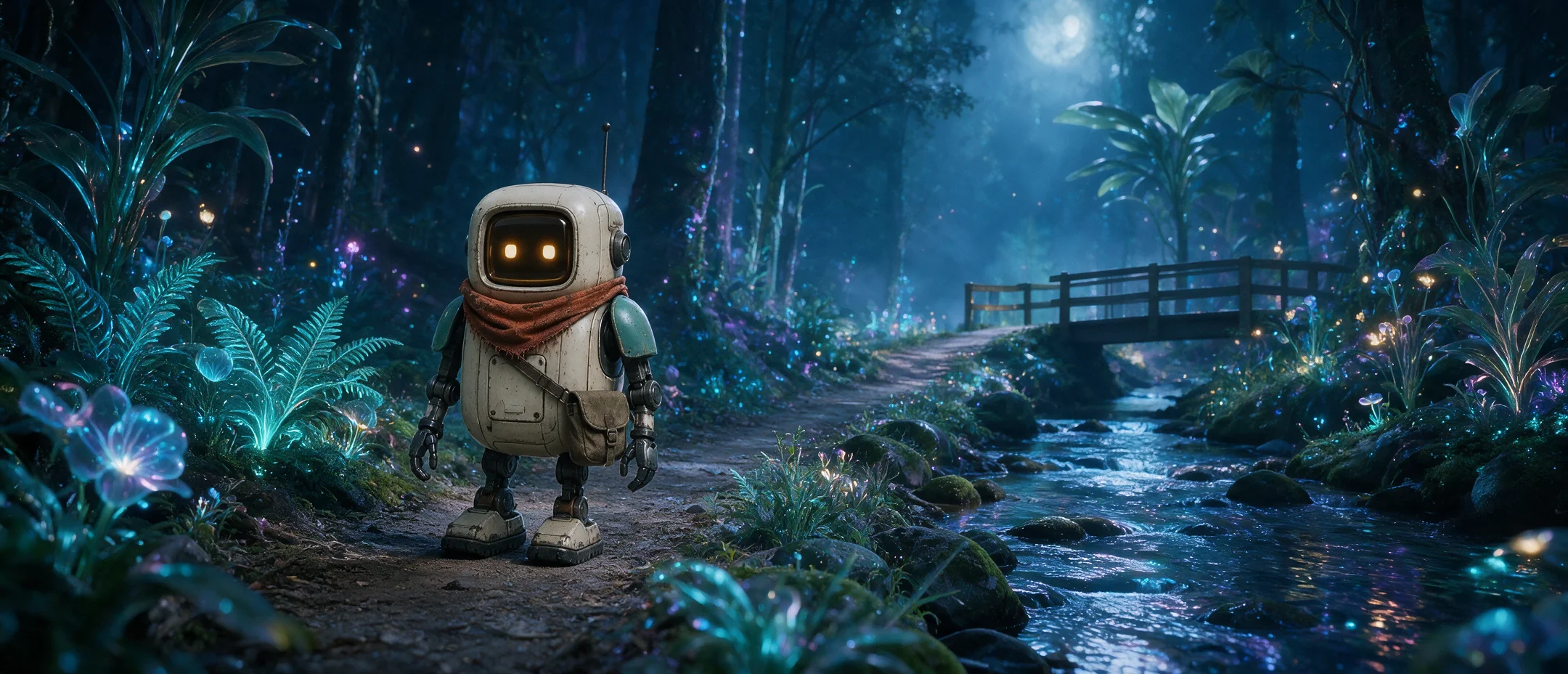 Same fictional robot and composition transformed into a bioluminescent alien forest