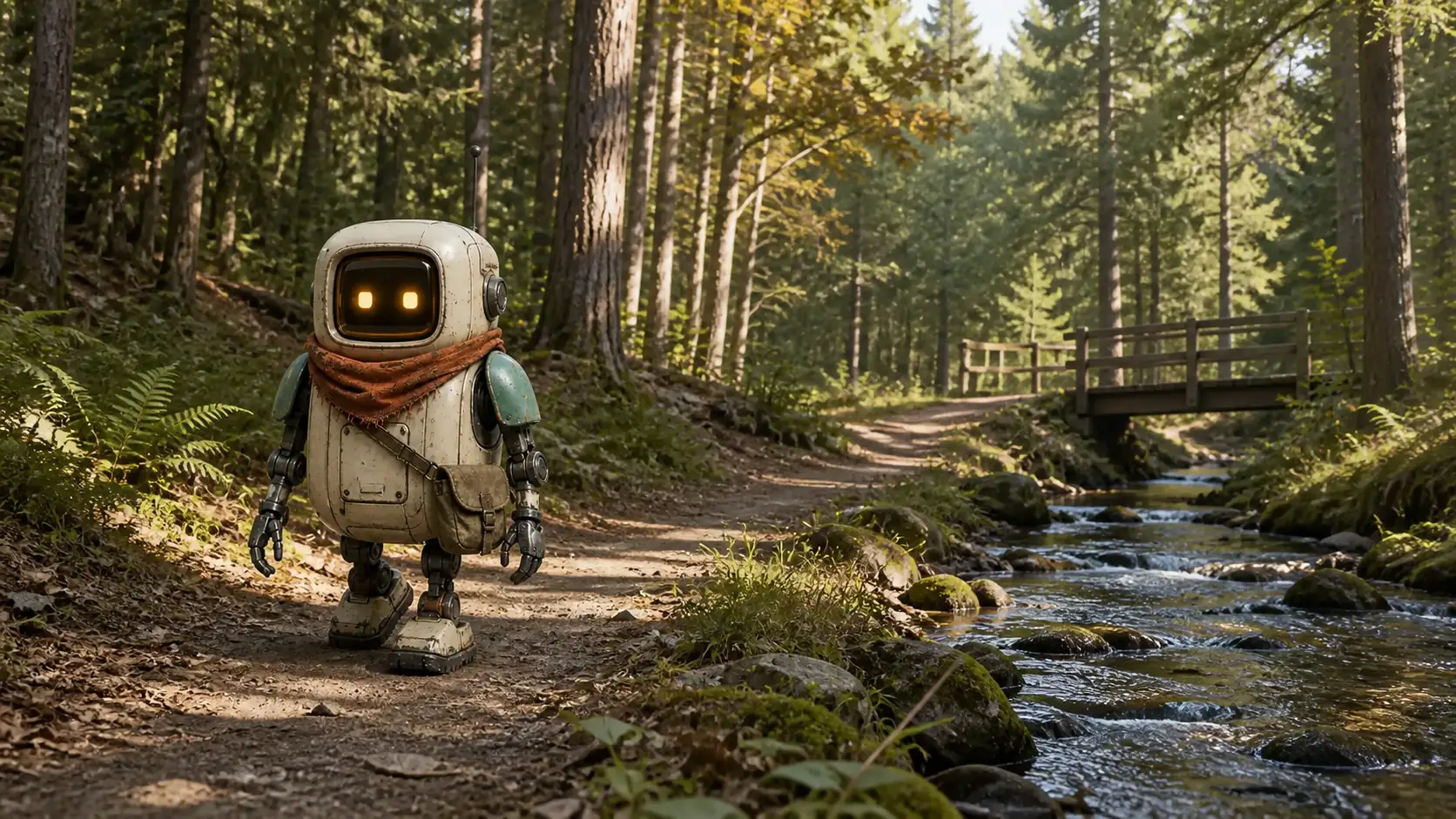 Fictional explorer robot walking through an ordinary daytime forest before editing