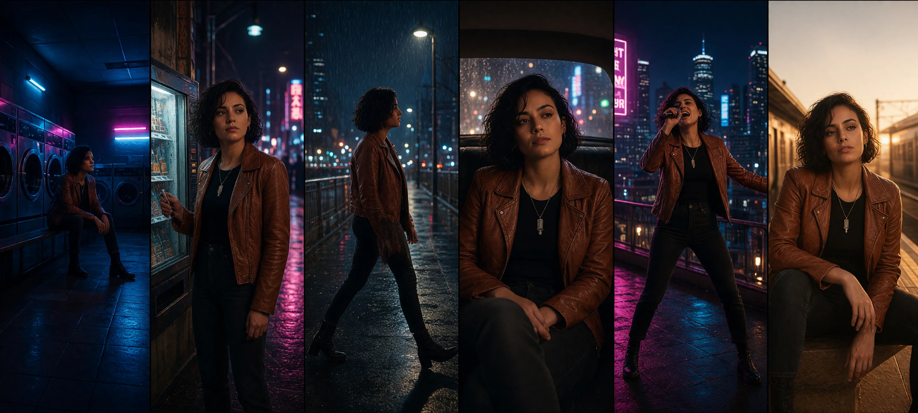 Grok Imagine Image 2.0 cinematic live-action music video keyframes with fictional singer Mira Vale