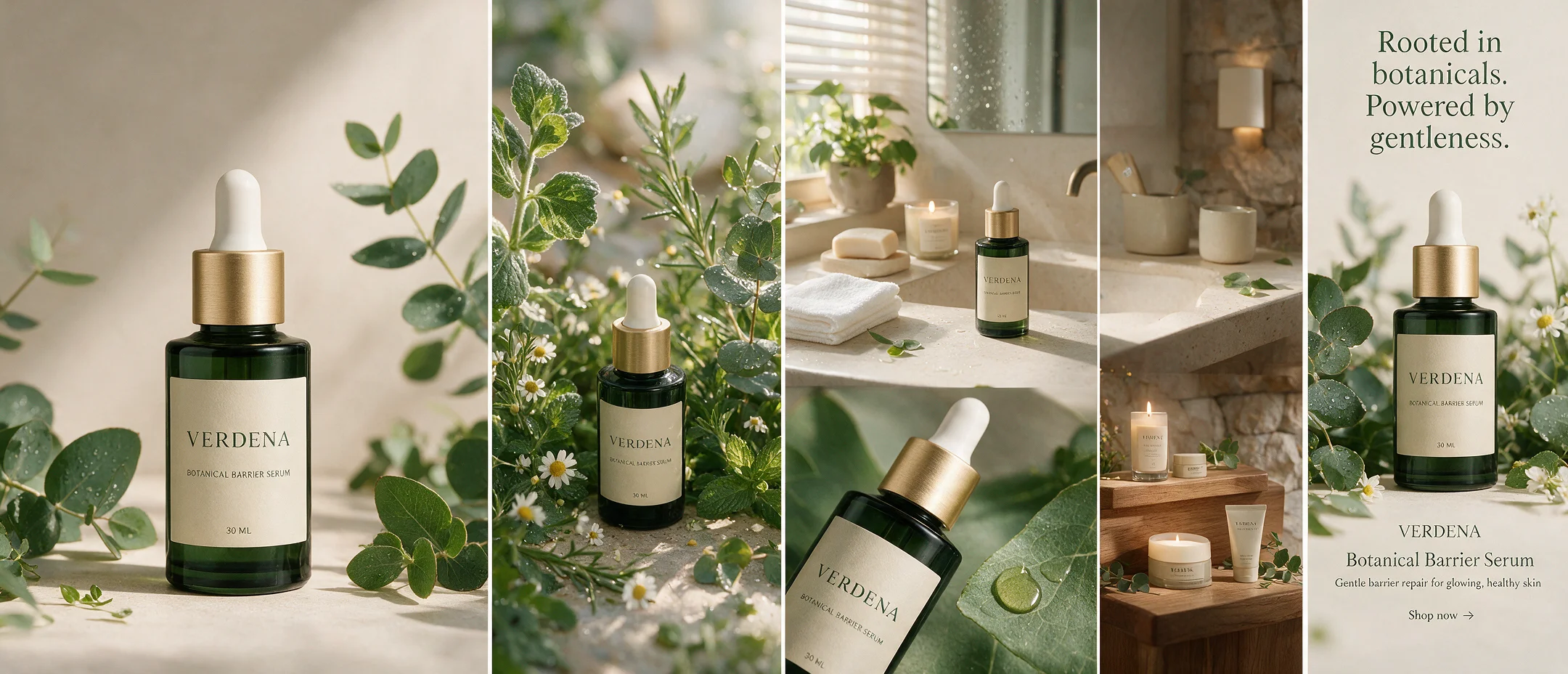 Seedream 5 botanical skincare brand campaign generated from one fictional product reference