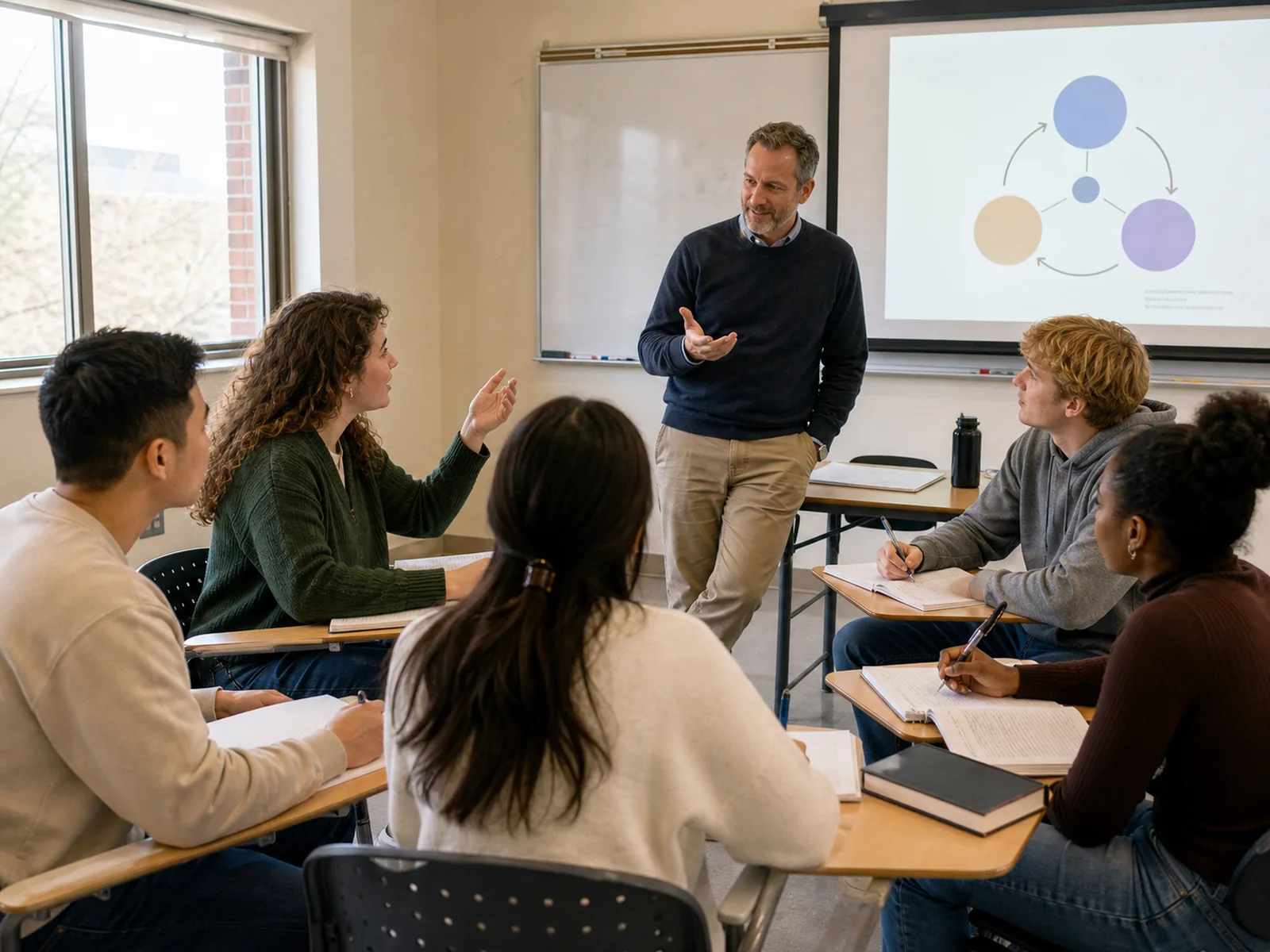 Teacher leading an interactive classroom lesson while students discuss a simple visual presentation