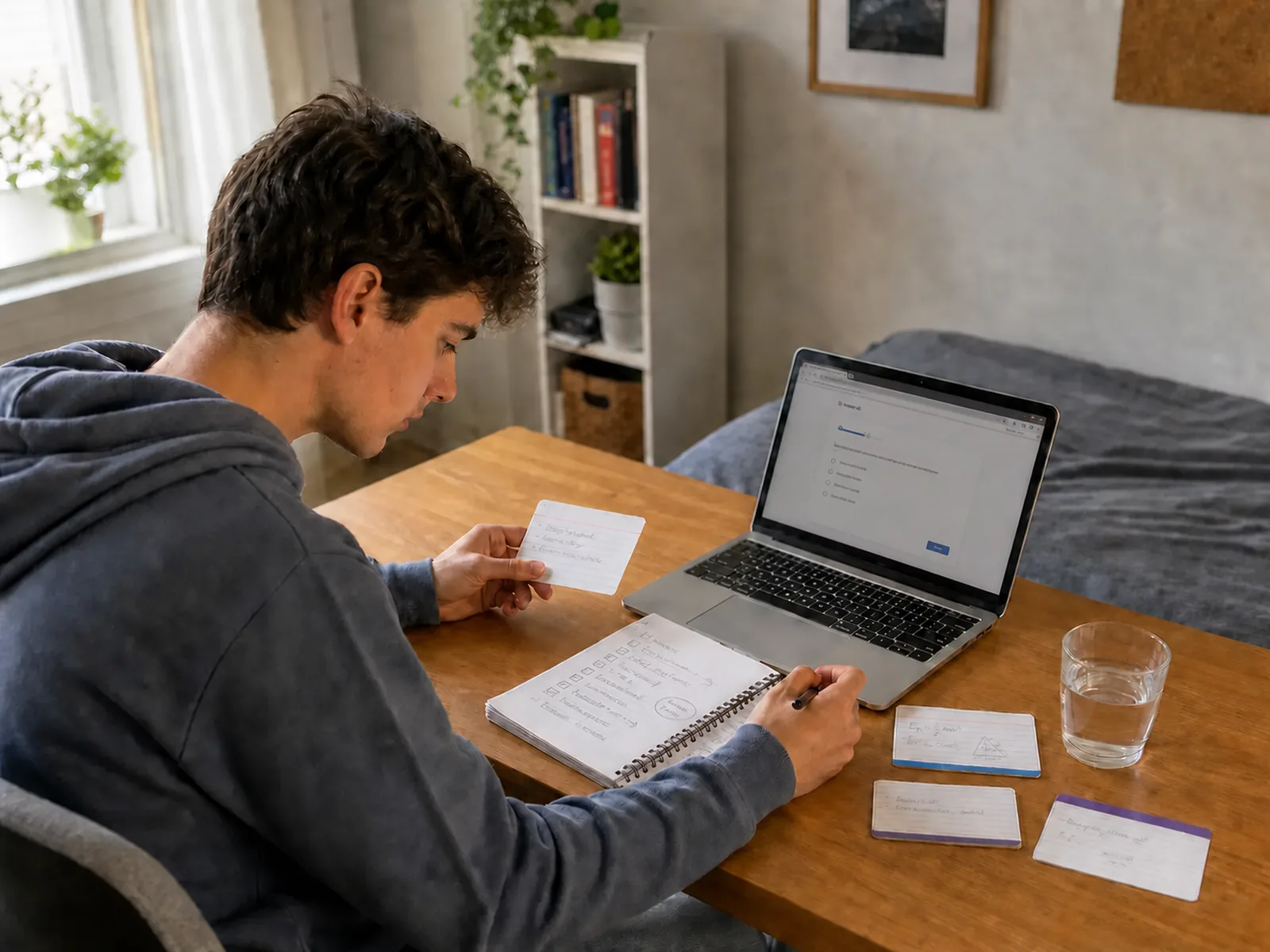 College student preparing for an exam with printed flashcards, a laptop quiz, and a revision notebook
