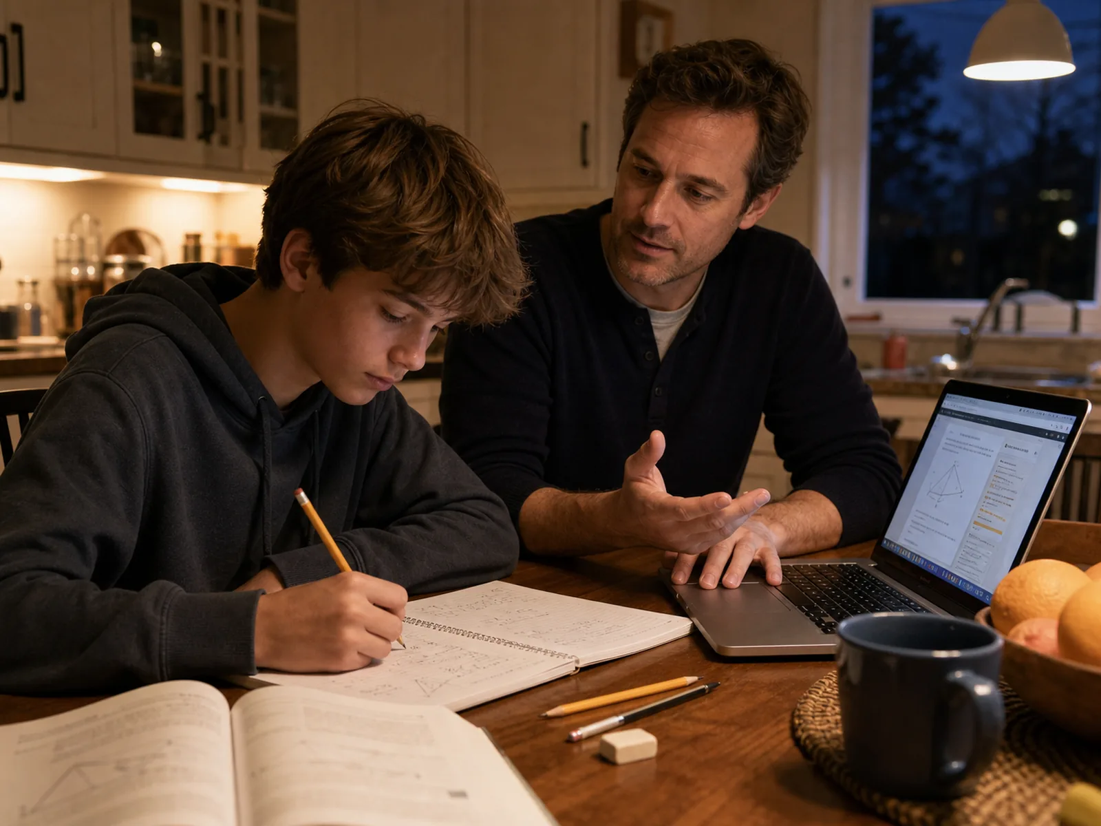 Parent helping a teenager understand homework at a kitchen table while an AI tutor gives hints on a laptop