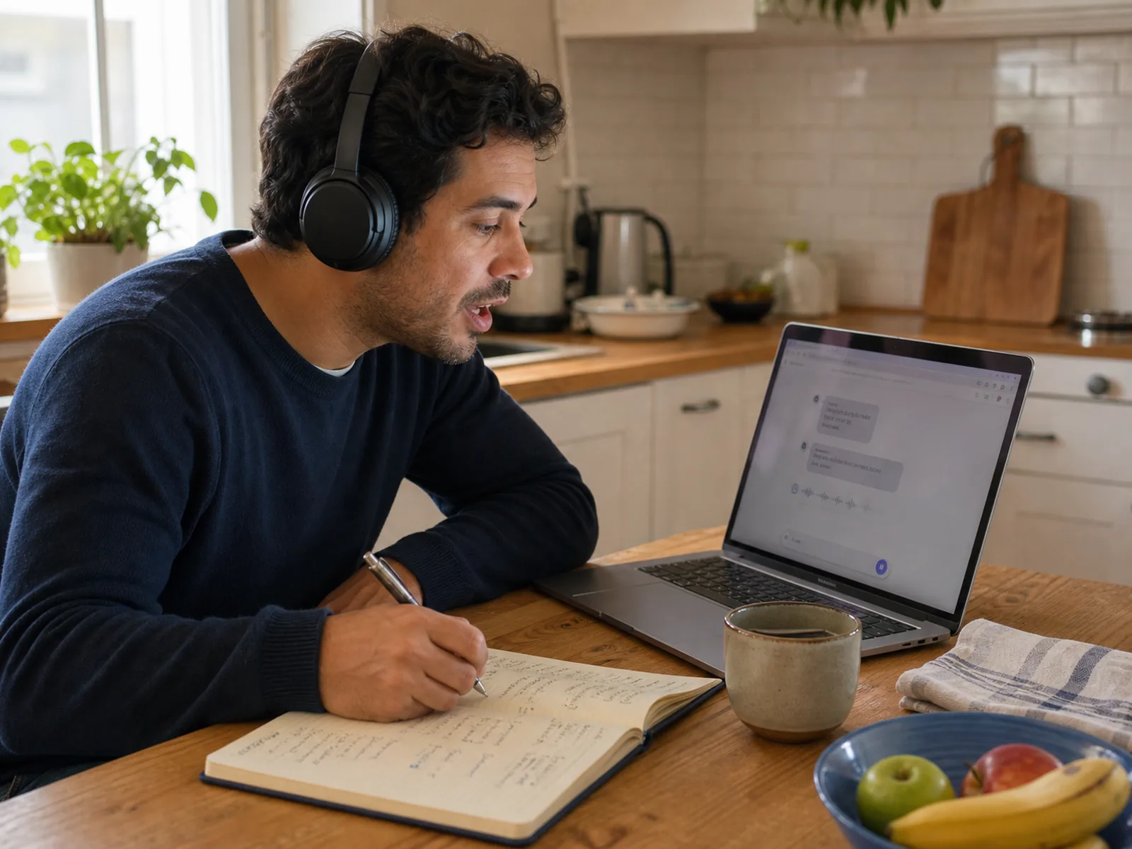 Adult learner practicing a foreign language aloud with headphones, laptop, and notebook at home
