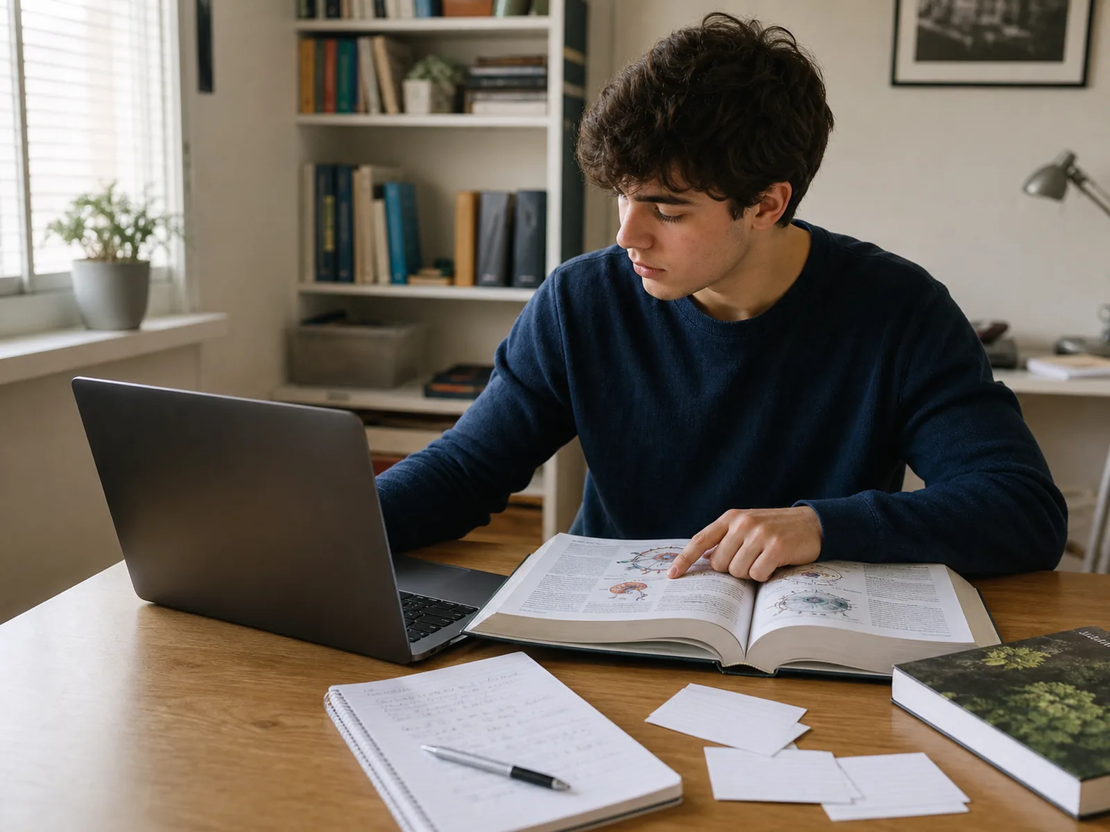 Student using an AI study assistant alongside a biology textbook and handwritten notes