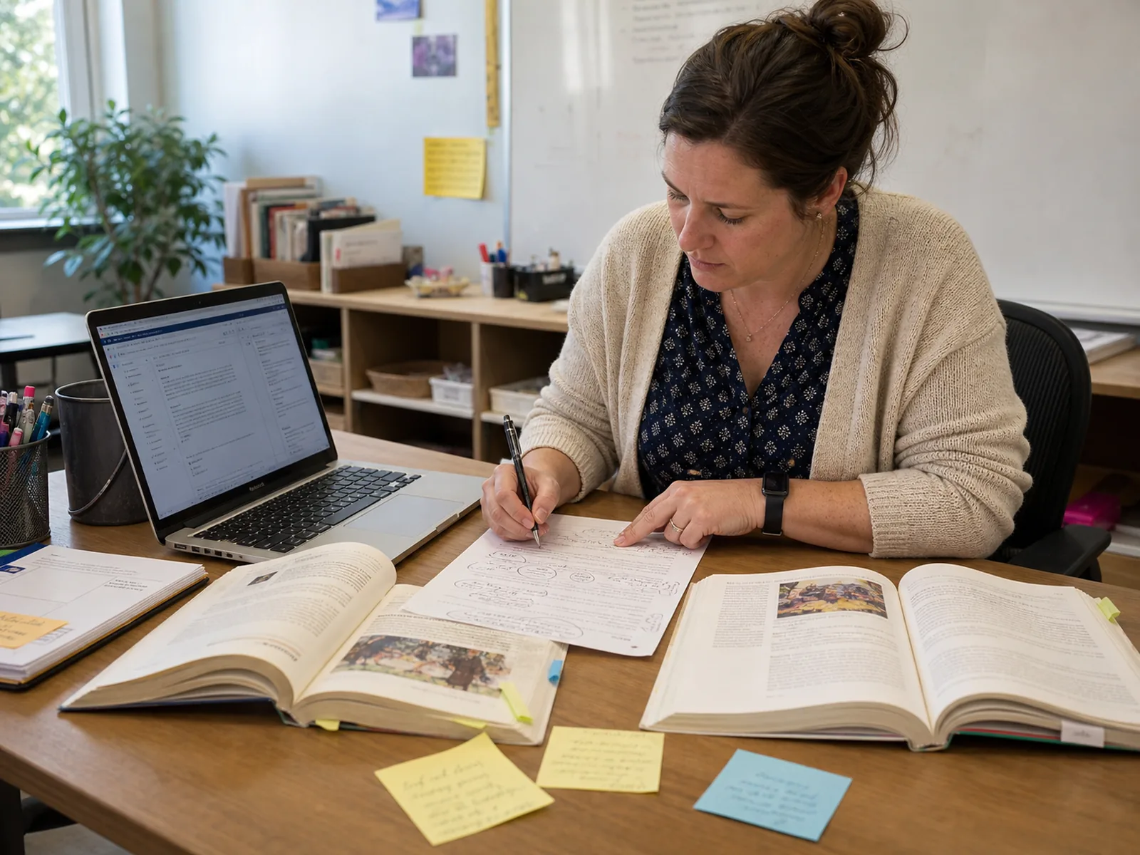 Teacher preparing a practical lesson plan with a laptop, textbooks, printed worksheet, and sticky notes