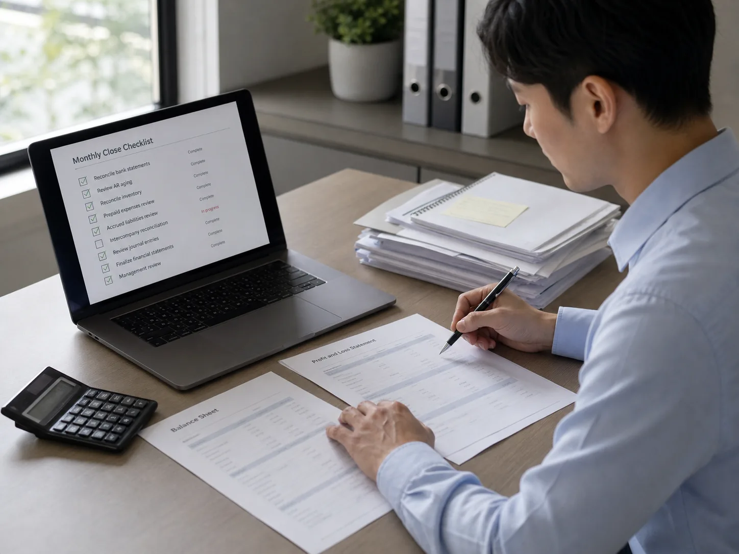 Accountant reviewing a monthly close checklist and reconciliation documents at a clean office desk