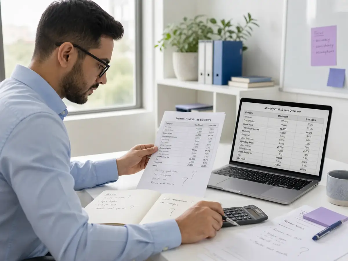Finance analyst reviewing a monthly profit and loss report with a laptop, printed statements, and handwritten notes