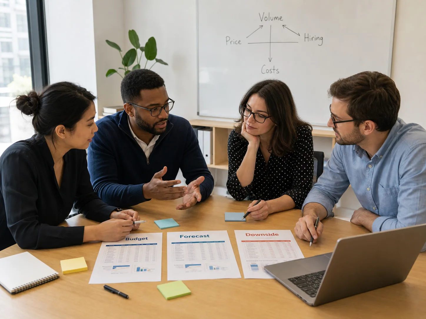 FP&A team comparing budget, forecast, and downside scenarios around a meeting table