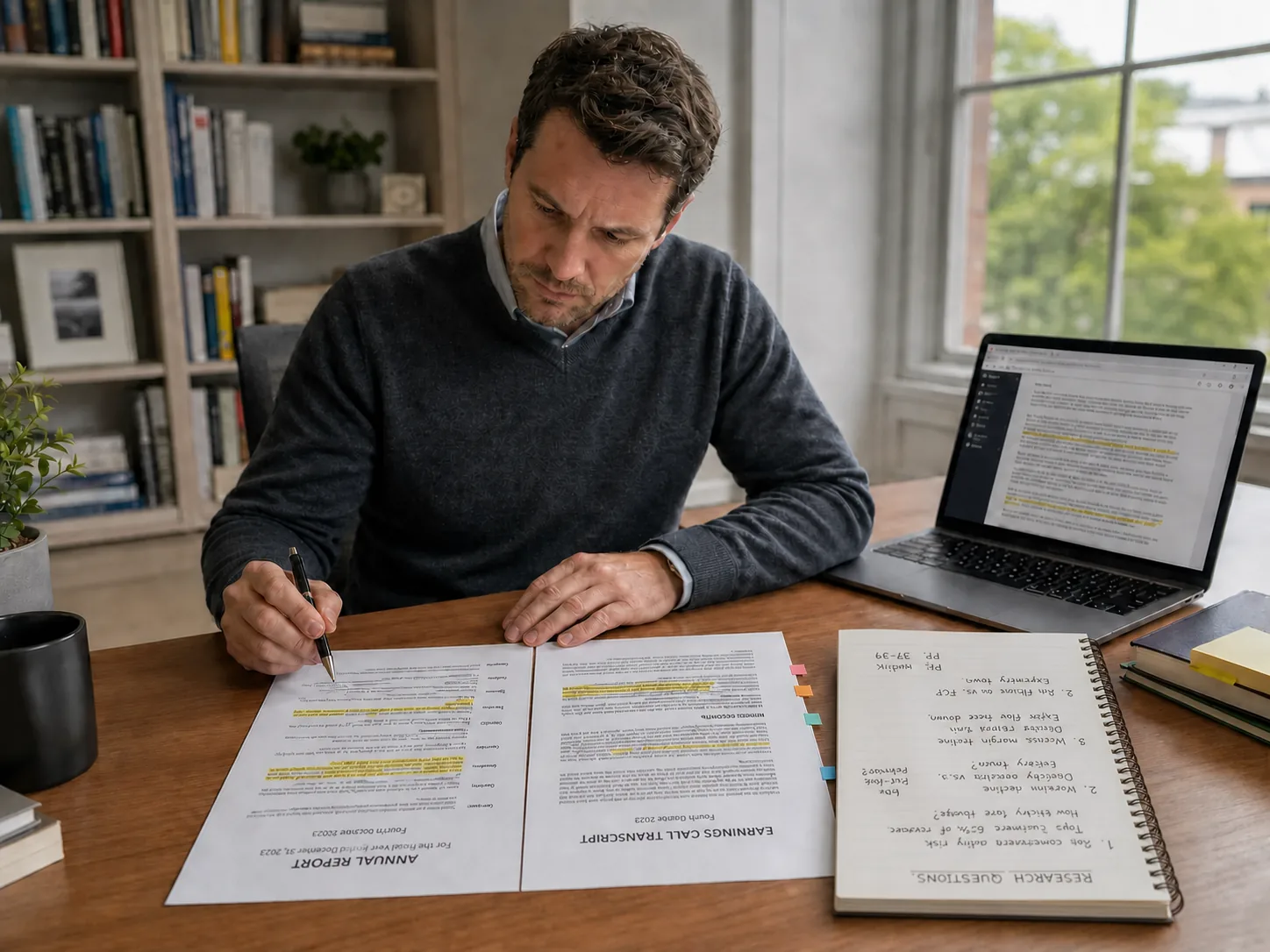 Investment researcher comparing an annual report, earnings transcript, and handwritten research notes without trading screens