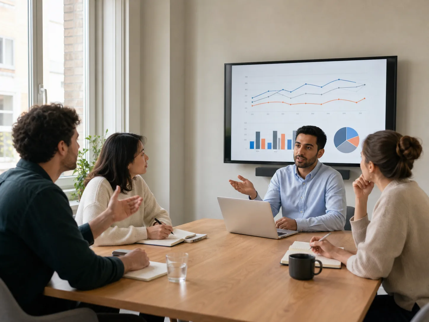 Finance professional explaining a monthly performance report to non-finance colleagues in a small meeting