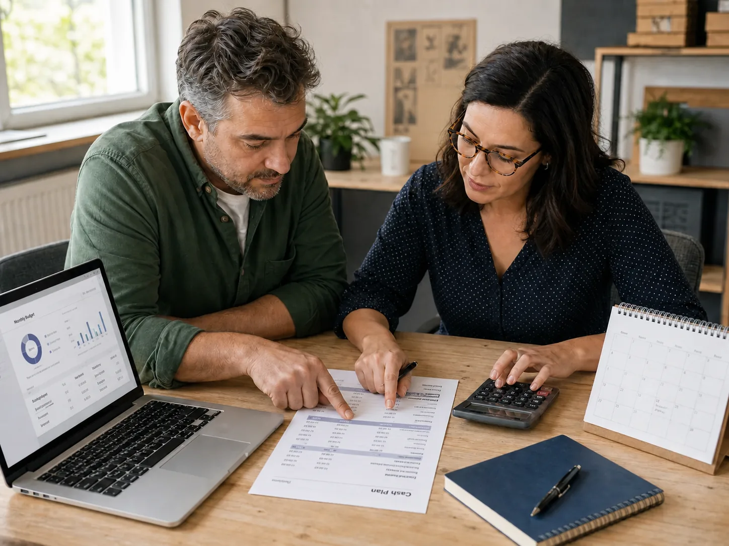 Small-business owner and financial adviser reviewing a simple budget and cash plan at a bright office table