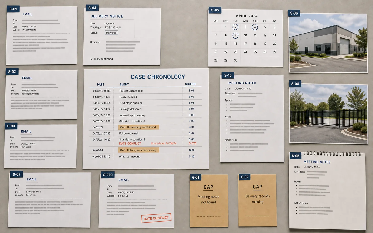 Top-down legal case file with dated emails, calendar entries, photographs, and a source-linked chronology