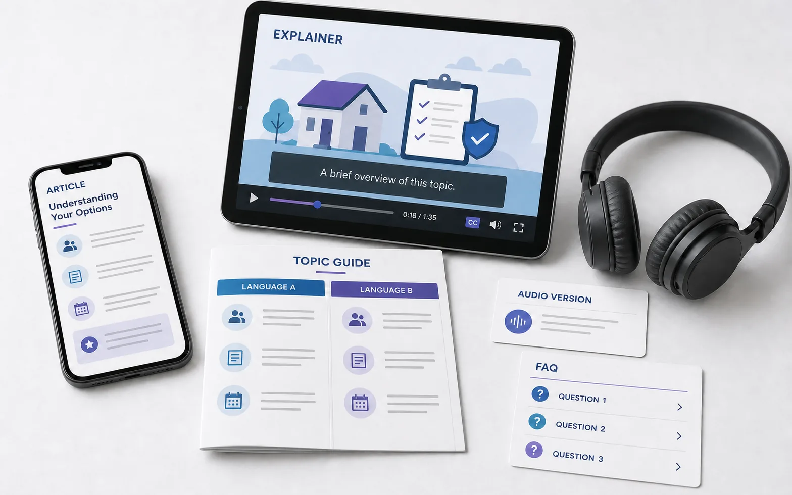 Legal client education materials shown as a mobile article, bilingual guide, captioned video, and audio explainer