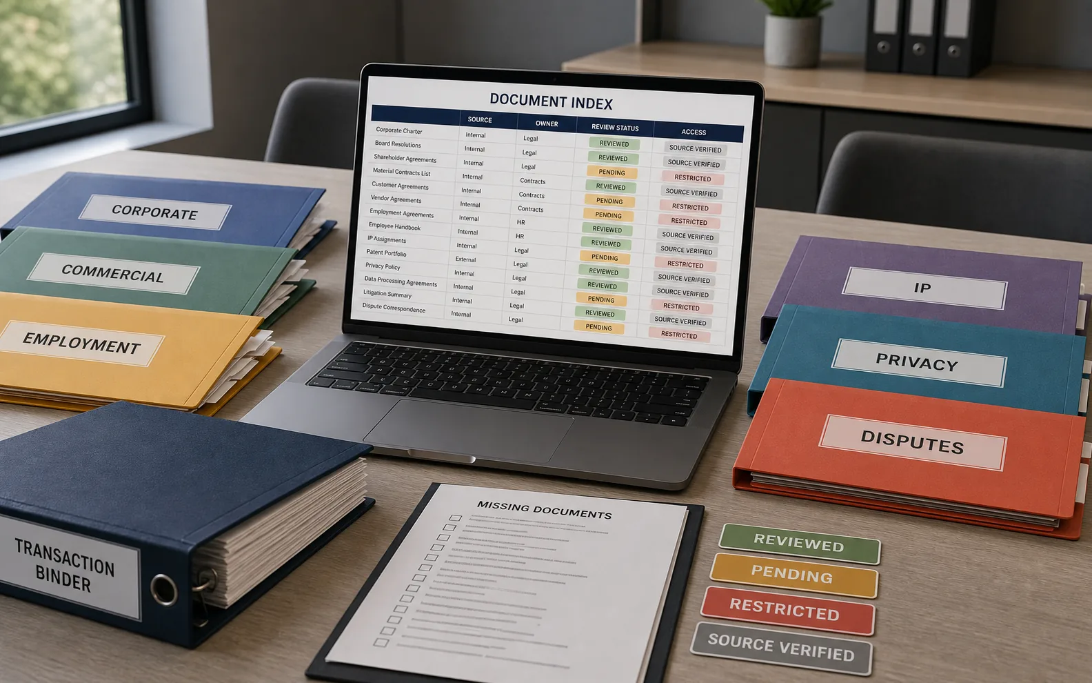 Secure legal due diligence data room with organized contract folders, missing-document checklist, and transaction binder