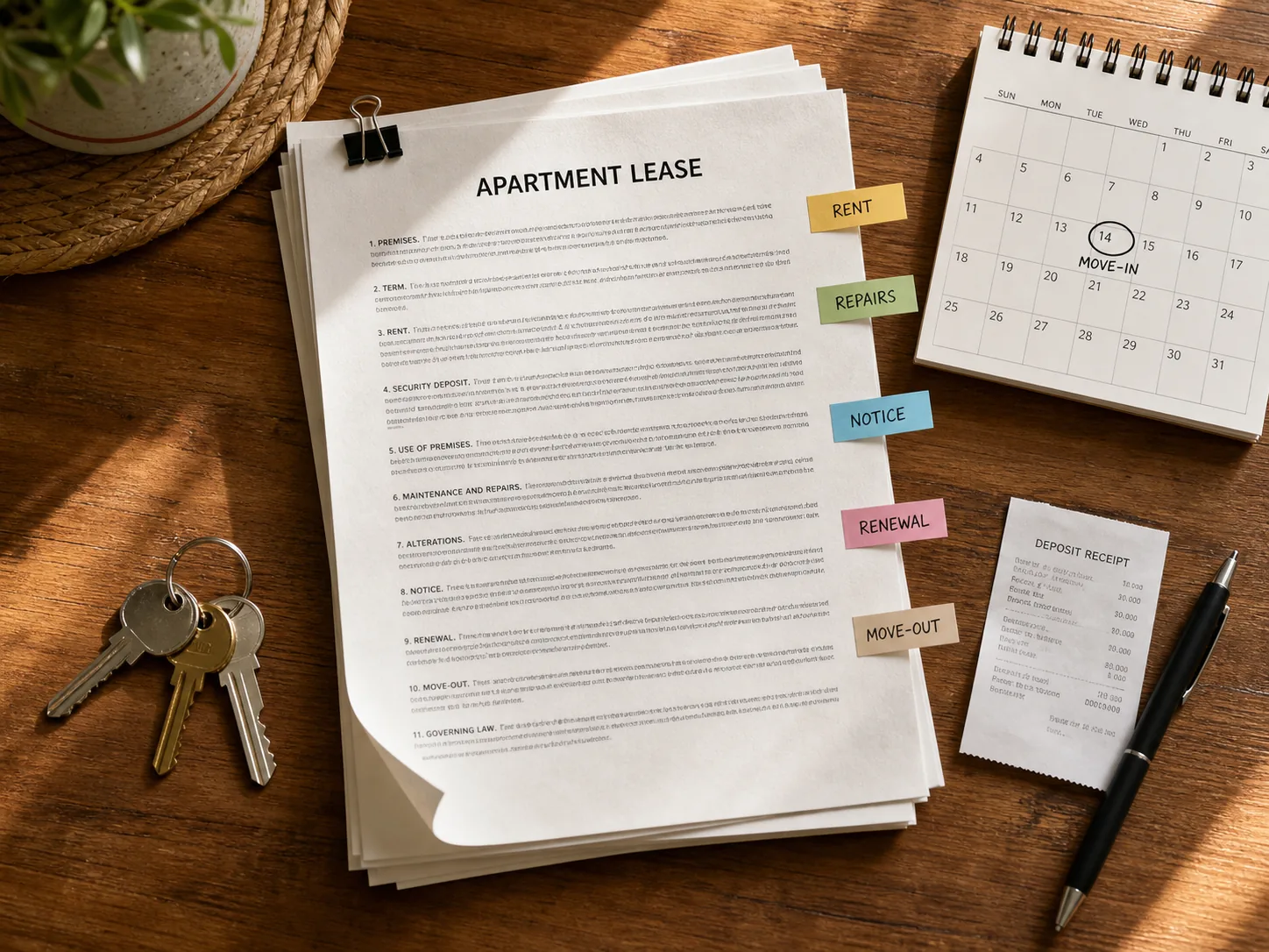Apartment lease, keys, calendar, deposit receipt, and highlighted notice clauses arranged on a table