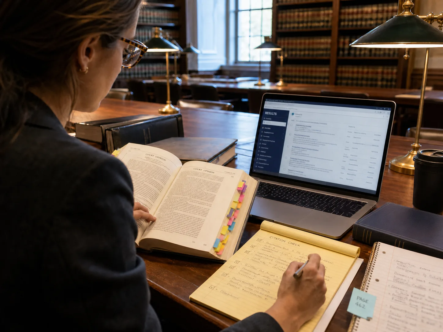 Legal researcher comparing a printed court opinion with an authoritative legal database in a law library