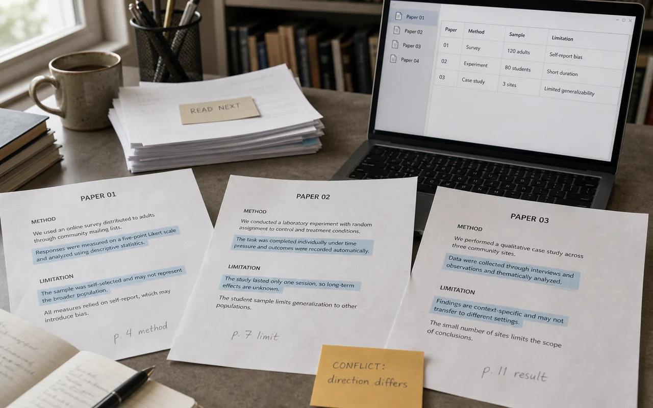 Printed research papers arranged beside a source extraction table with methods, findings, limitations, and page references