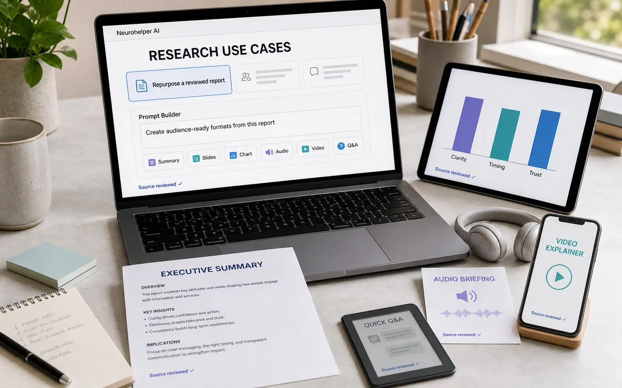 Reviewed research report presented as an executive summary, slide deck, chart, audio briefing, and source-grounded assistant