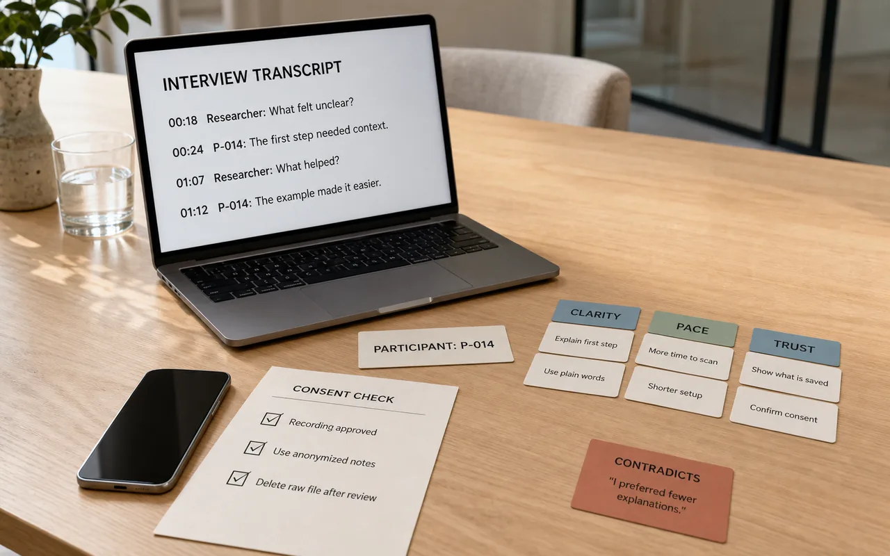 Research interview recorder, anonymized transcript, consent checklist, and color-coded theme cards on a meeting table