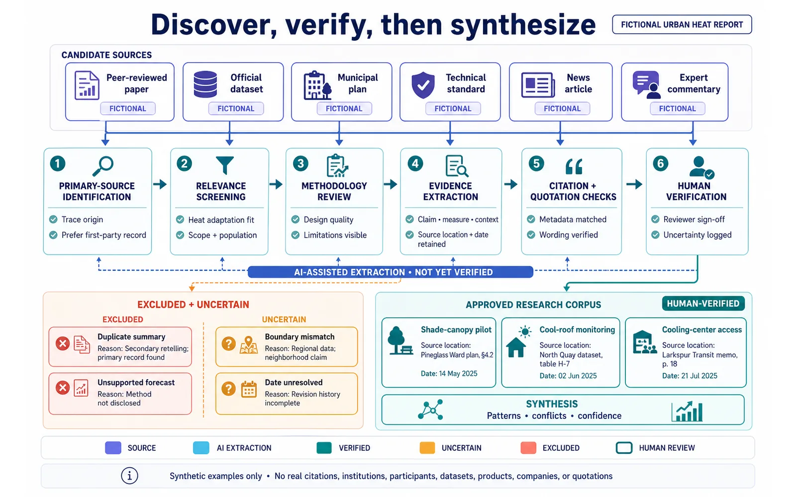 Transparent AI research pipeline for discovering verifying and synthesizing sources with human review