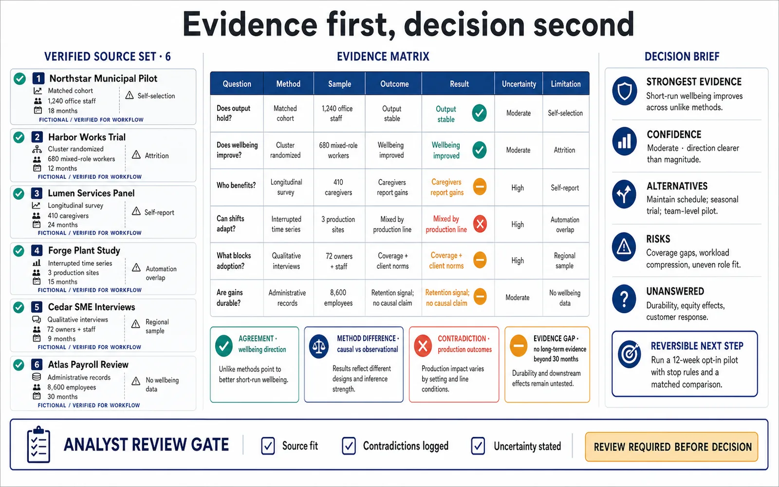 Evidence-first AI research matrix comparing methods claims limitations contradictions and confidence before a decision