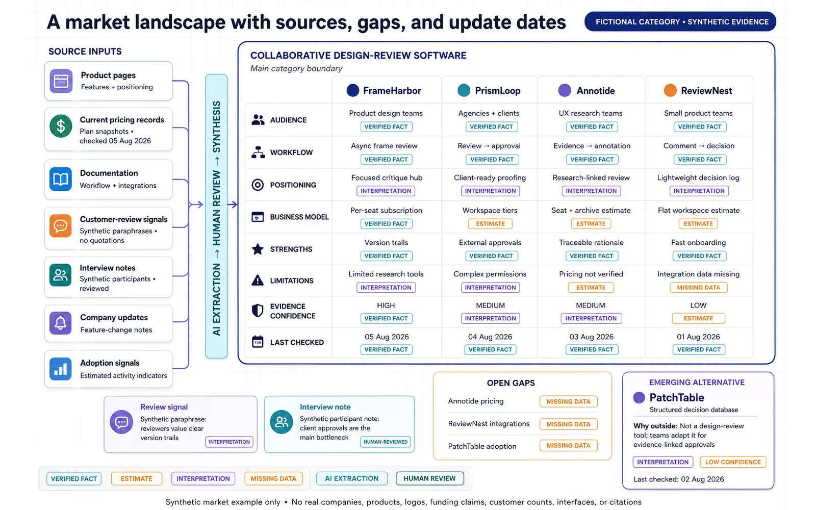 AI market research landscape showing verified sources evidence gaps estimates and update dates