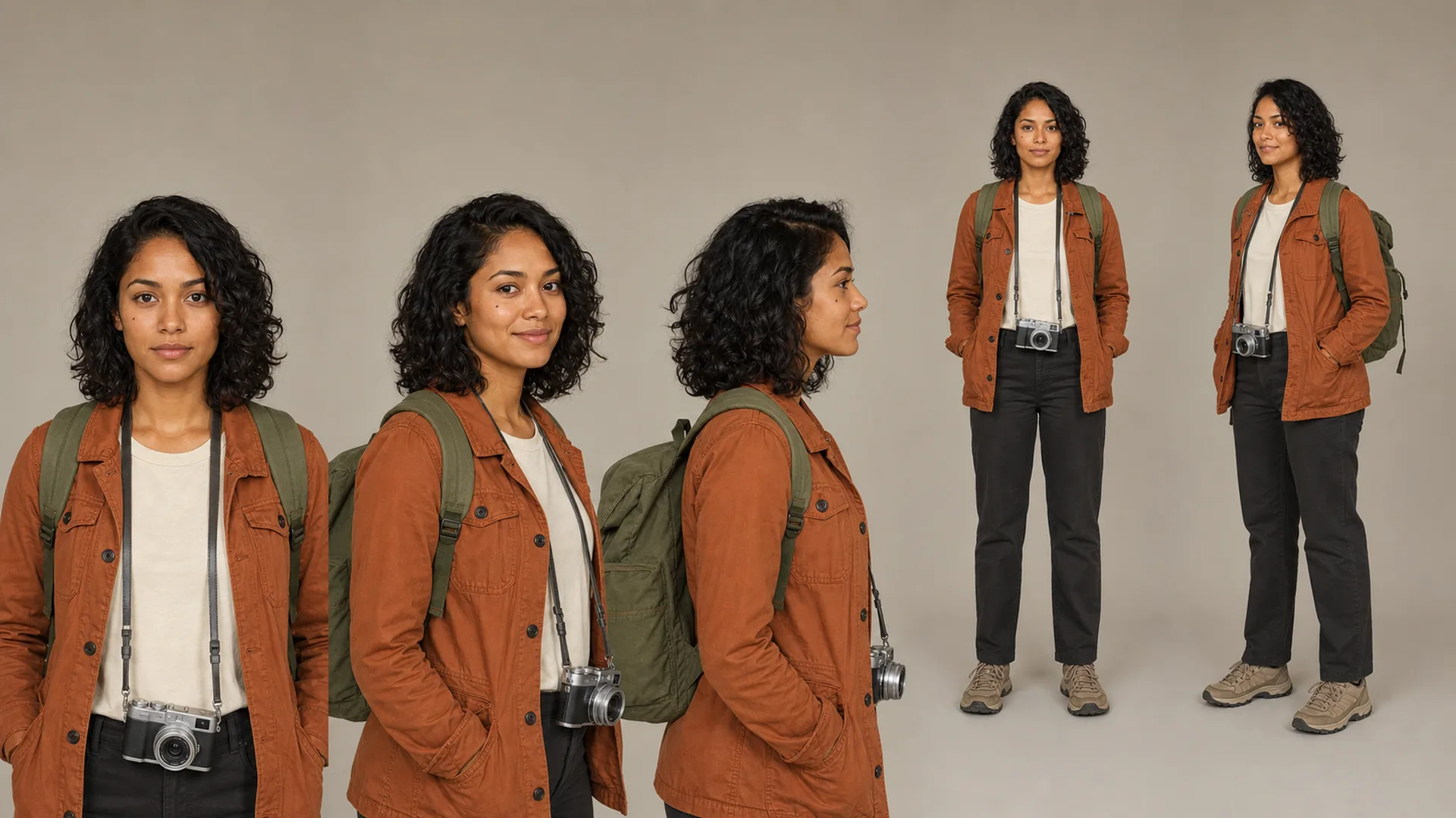 Multi-view reference sheet establishing Maya as a consistent AI travel character