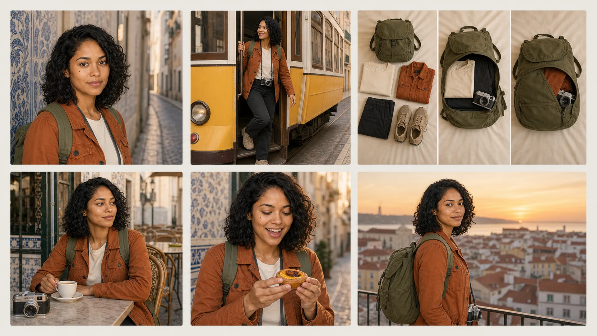 Social campaign board showing the same AI travel character Maya across six content formats