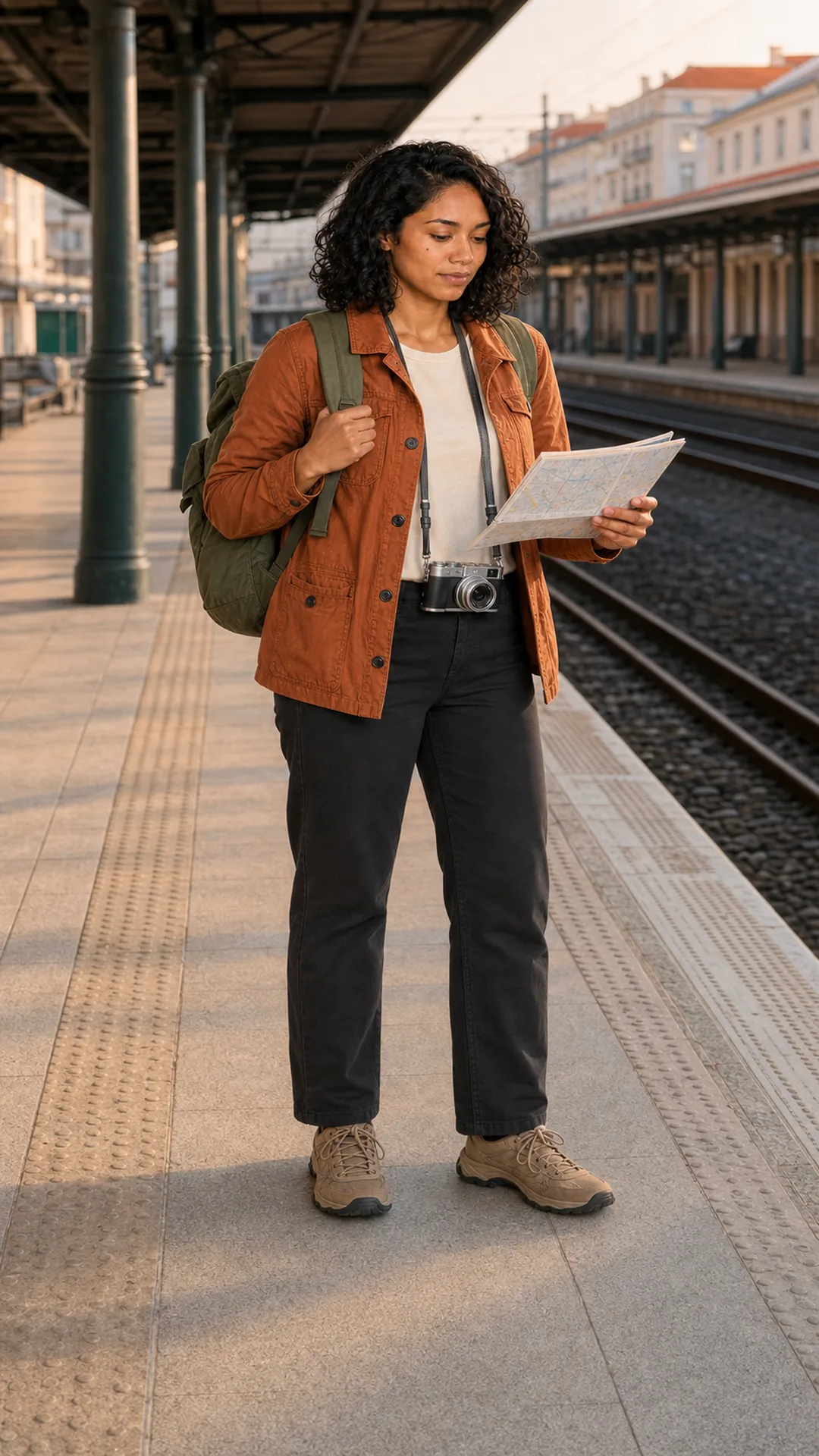Maya shown as the same consistent AI character on a Lisbon train platform