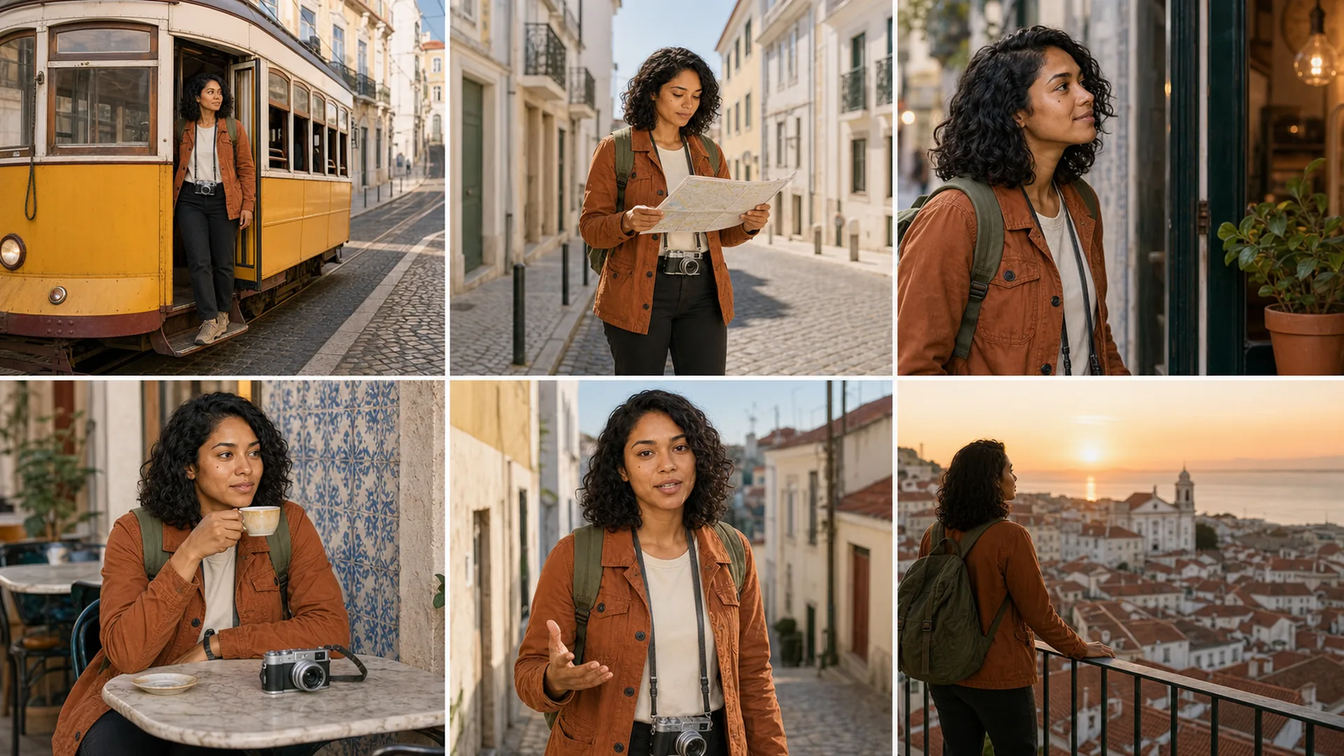 Six-frame Lisbon travel video storyboard featuring the same consistent AI character Maya