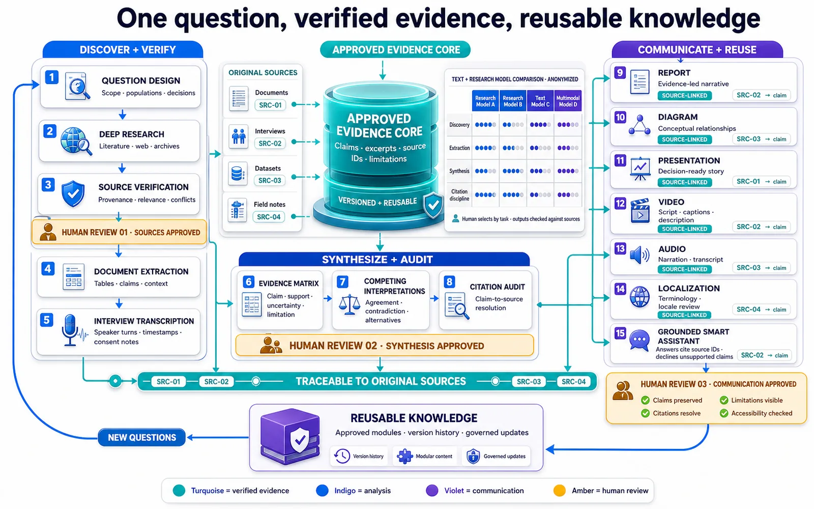 Connected AI research workspace from one question and verified evidence to reports media and reusable knowledge