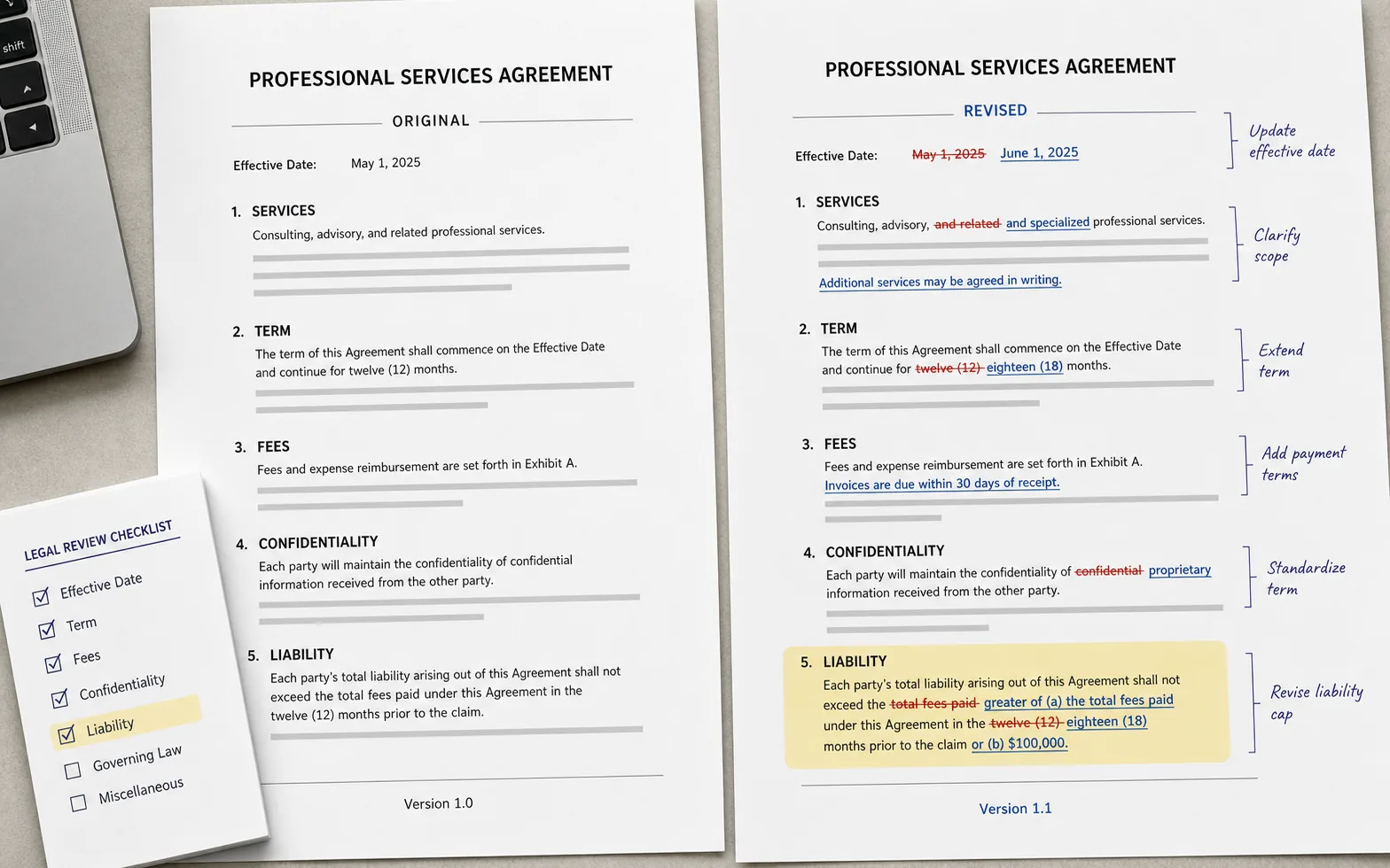 Two versions of a service agreement shown side by side with clear redline changes and review notes